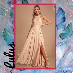 LULU’S | Beige Halter Top Chiffon Formal Dress